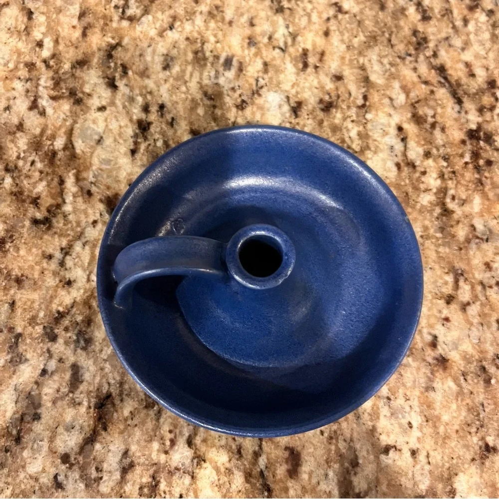 Vintage 90s Blue Pottery Hand Thrown Candlestick Taper Candle Holder Cottagecore